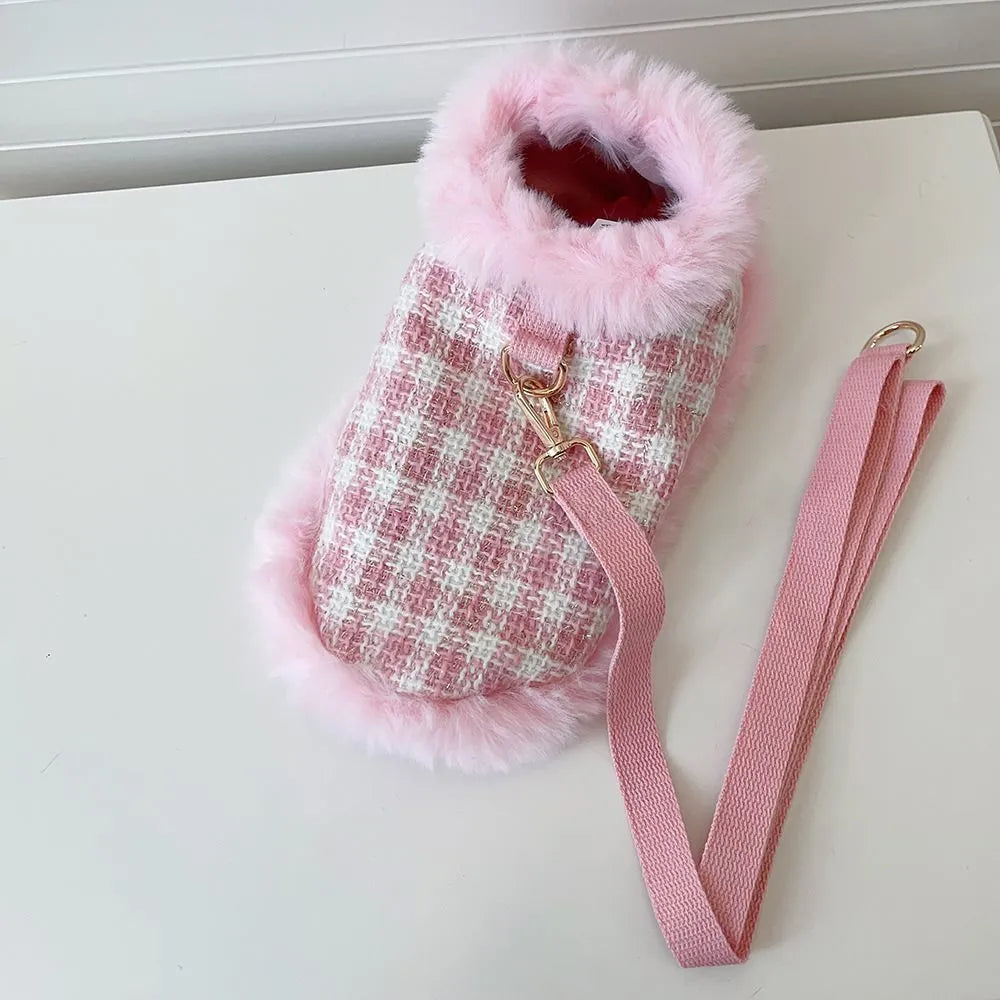 Pink cat clothing set with beret and cape for pet costume wear