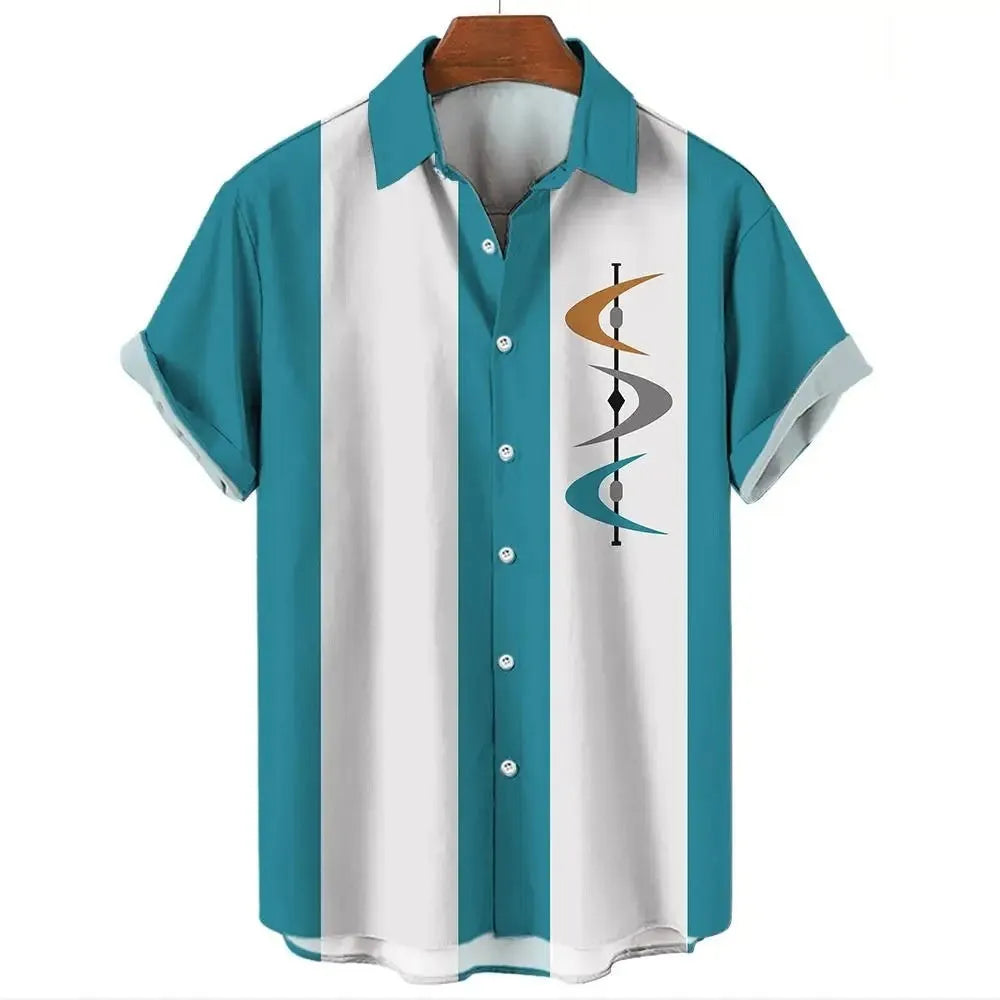 Man wearing a striped short-sleeve Hawaiian button-up shirt in a bright colour.