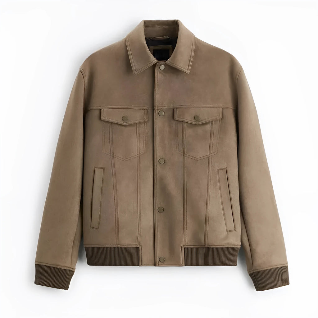 British style suede velvet commuter jacket in spandex, shown in mink and light grey colours.