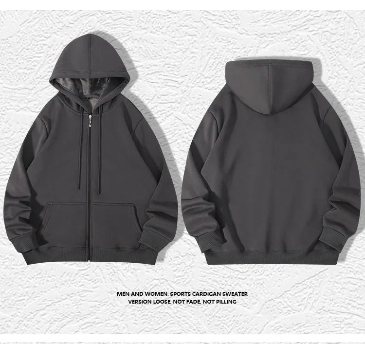 Plus size man wearing a beige zipper hooded cardigan sweater in a loose fit.