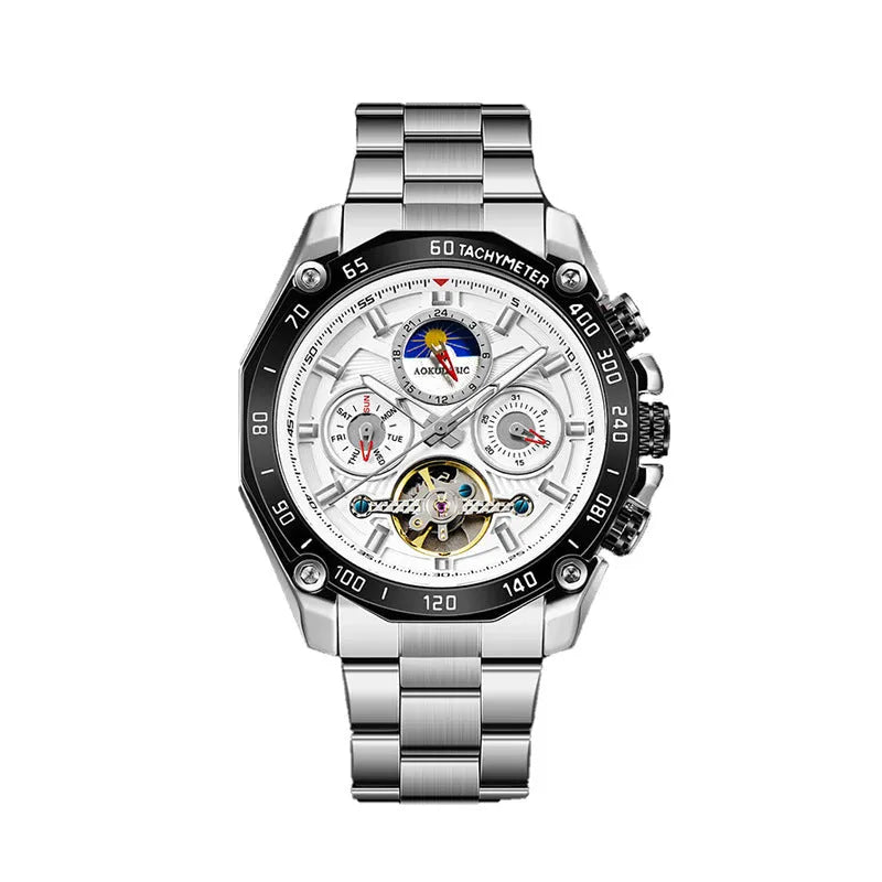 Men's automatic mechanical watch with 12mm case in black steel, silver, and gold finish options.