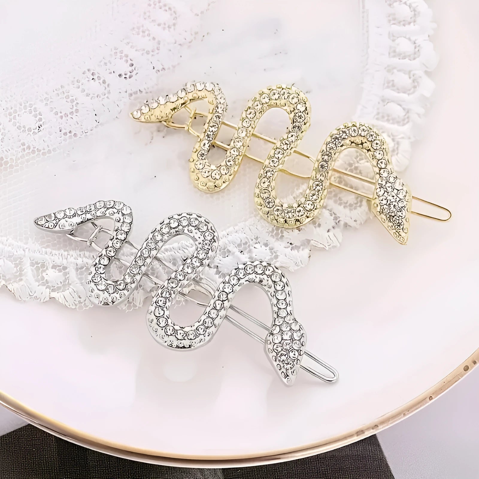 Vintage snake design rhinestone hair barrette with electroplated gold or silver finish