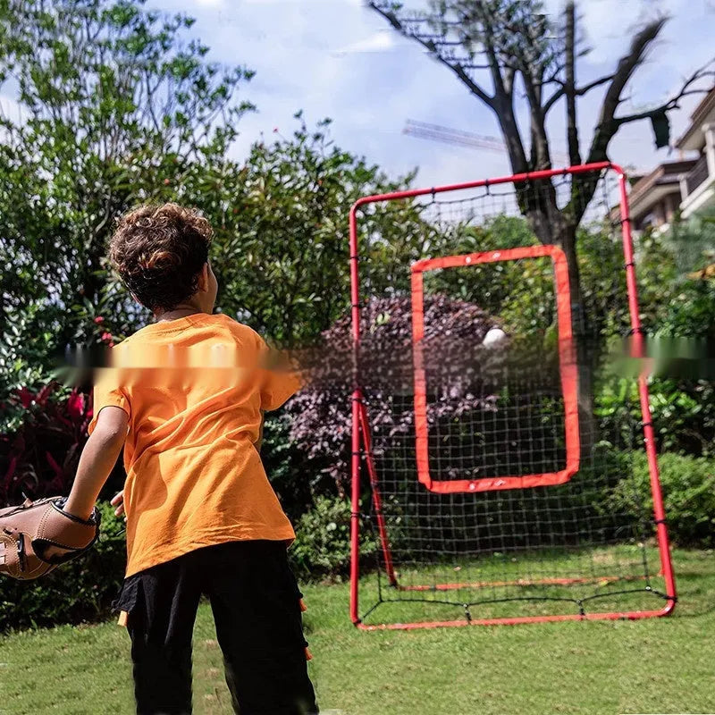 Red adjustable metal baseball training net set up for practice.