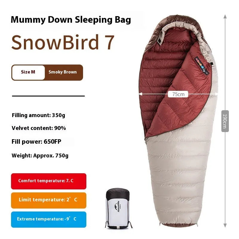Goose down mummy sleeping bag for adult camping in a stuff sack