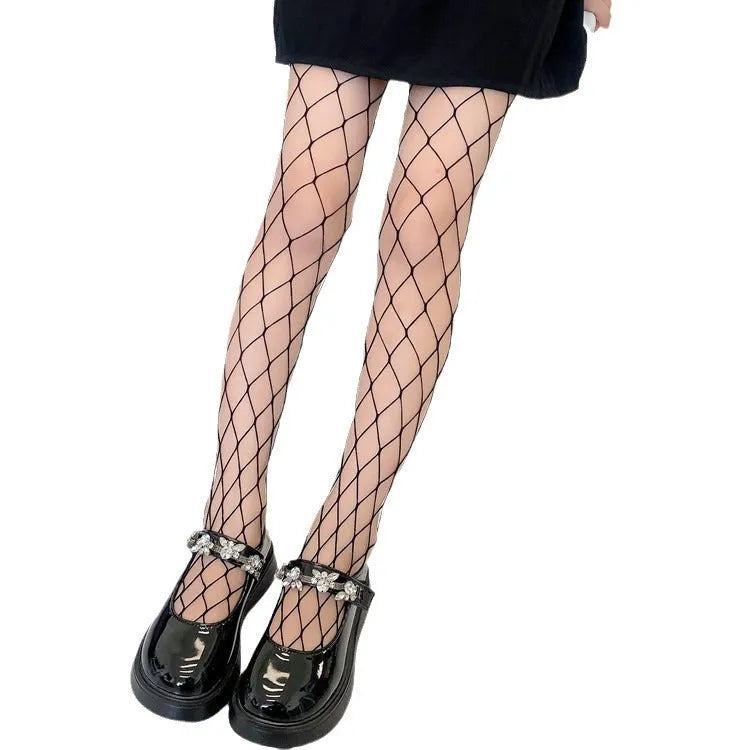 Women's black and white mesh pattern tights showing large, medium, and small net designs for summer.