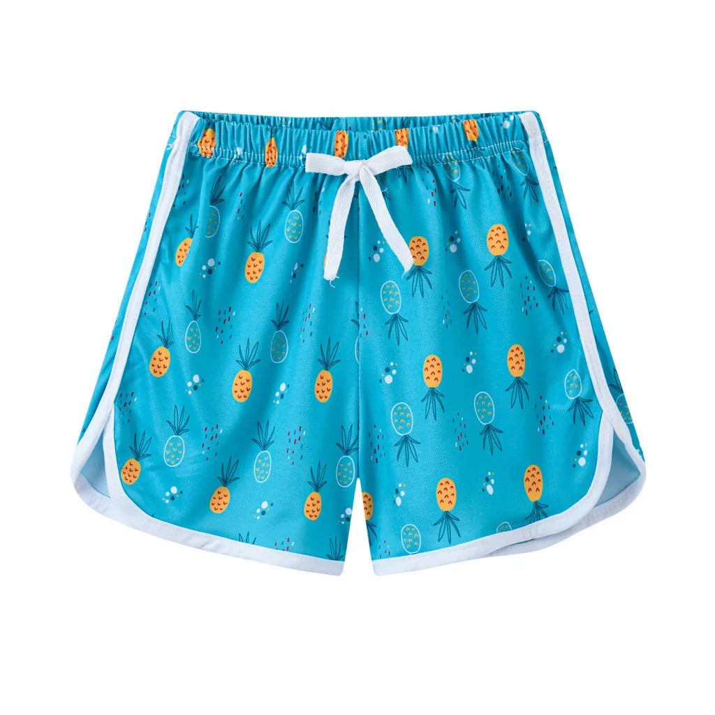 Children's casual polyester shorts in multiple colours including pink, leopard print and striped patterns