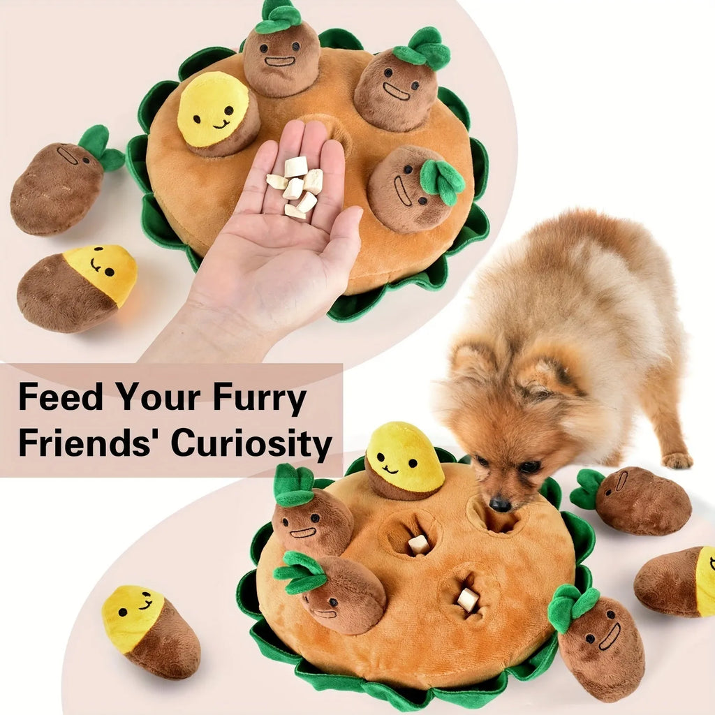 Yellow interactive dog puzzle toys with removable squeaky plush on durable polyester slow feeder play pads