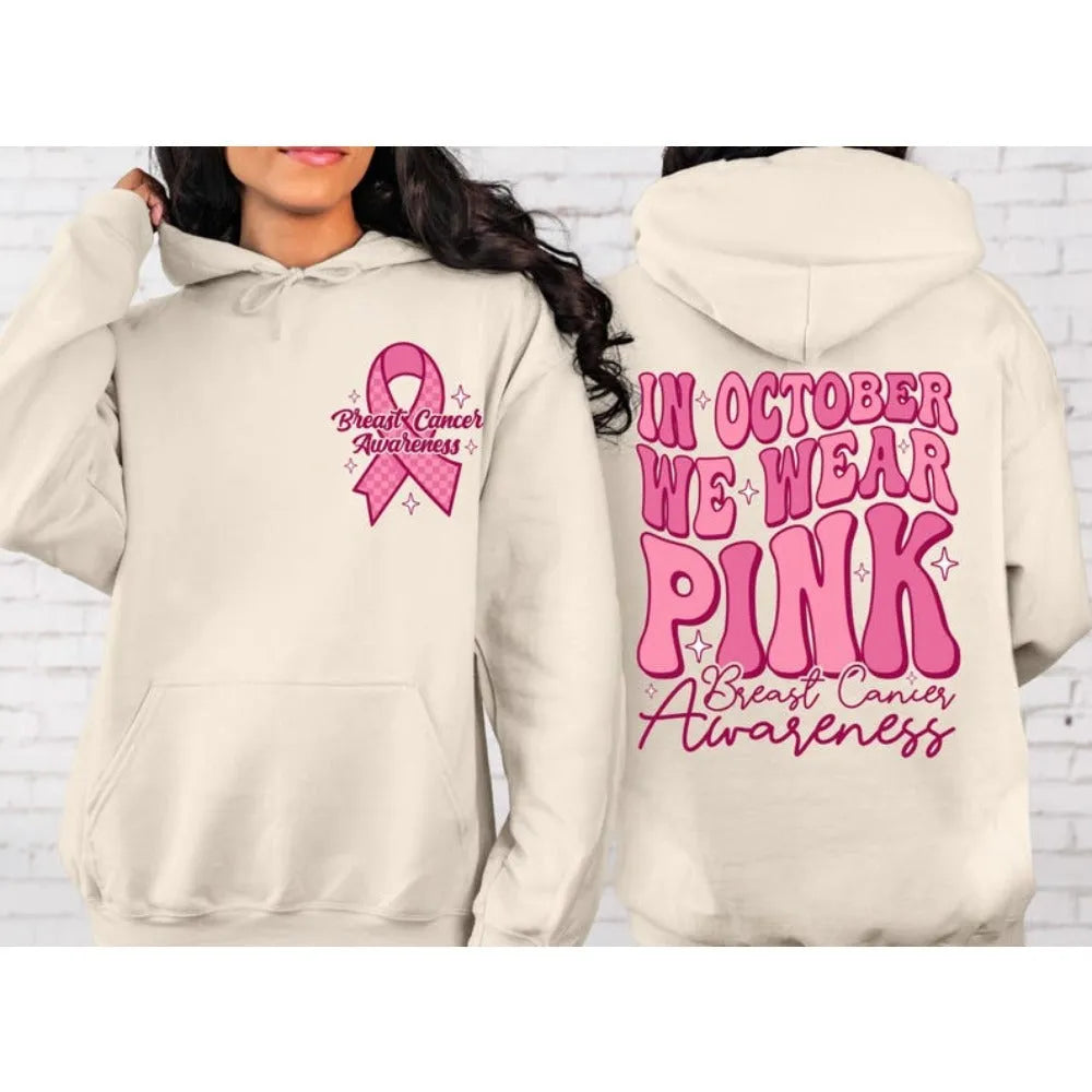 Pink breast cancer awareness pullover hoodie with a retro hot stamping pattern and a side seam pocket.