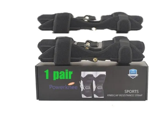 Adjustable black spring knee brace with straps and venting holes for sports support.