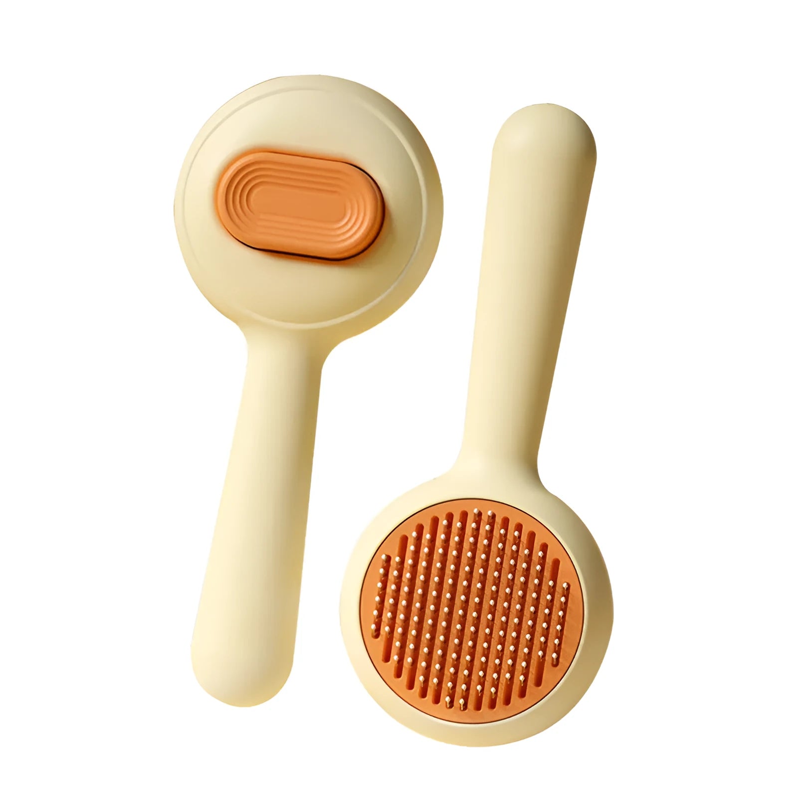 Green and yellow pet grooming brushes with stainless steel comb teeth and non-slip handles.