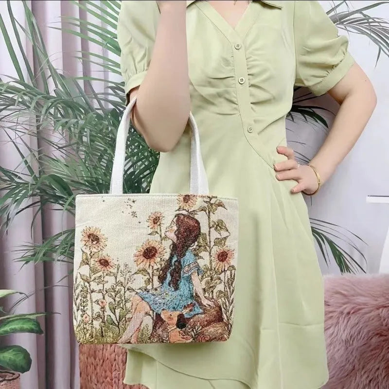 Double-sided gold wire embroidered canvas tote bag in small, medium, and large sizes with floral patterns.