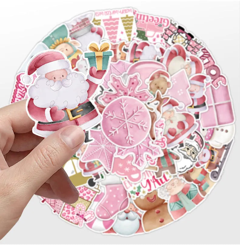 Pack of 50 cute Christmas waterproof vinyl stickers sized 4-8cm for decorating cars, phones, and laptops