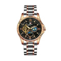 Men's automatic mechanical watch with rose gold case and black dial showing 12mm thickness
