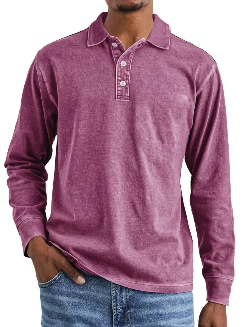 Retro washed distressed cotton lapel long sleeve polo shirt in pure cotton fabric