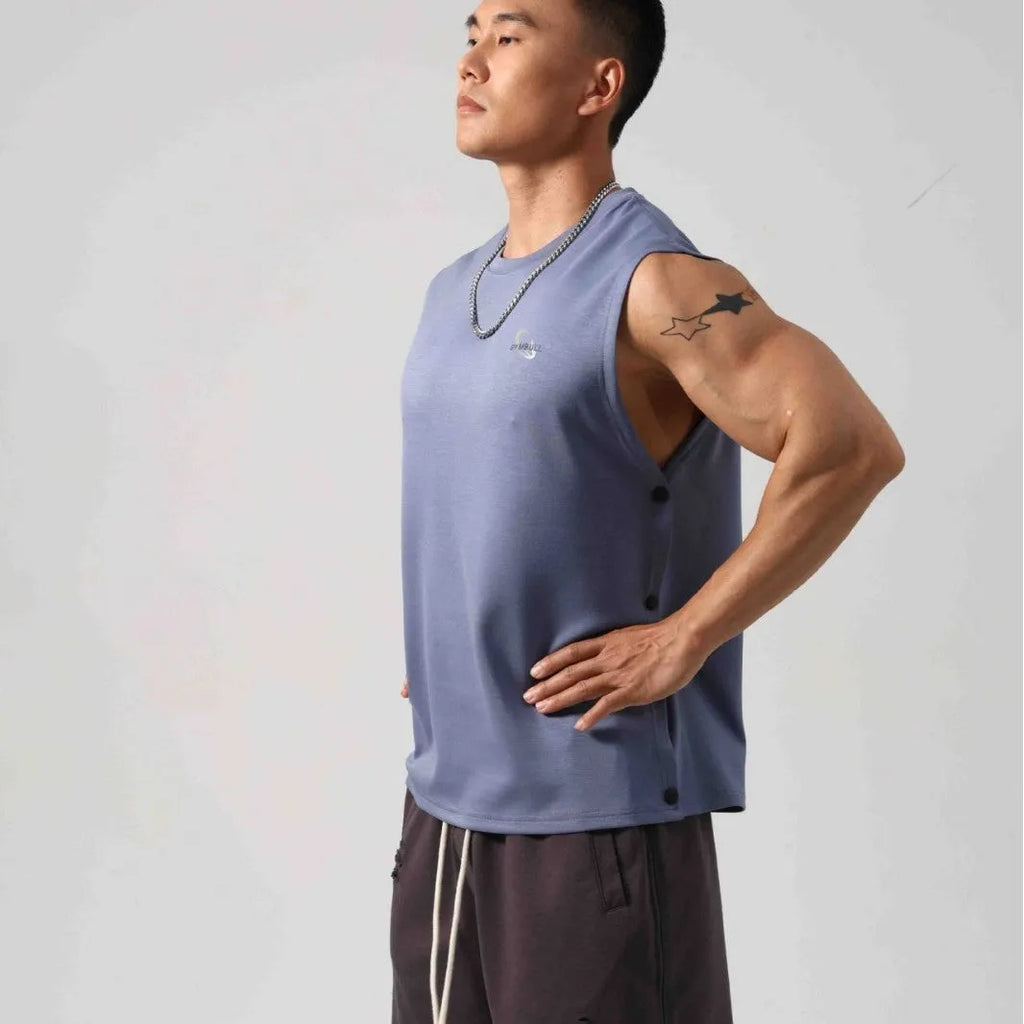 Korean style loose cotton fitness vest for men with hidden hook side openings.