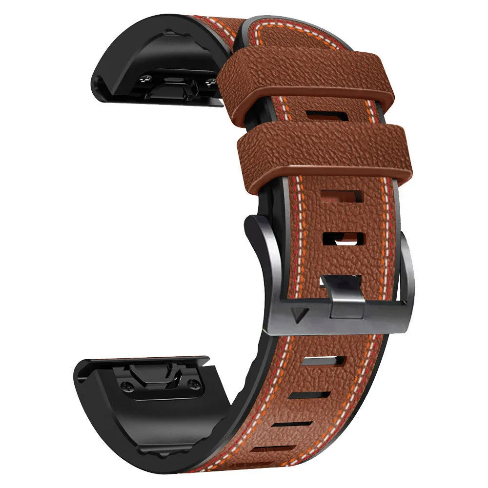 Silicone leather quick release watch strap for Garmin Fenix smartwatch in black, shown next to 22mm and 26mm size options.