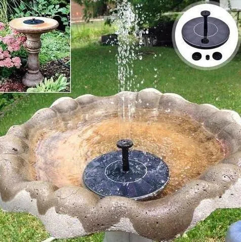Black solar panel fountain pump with multiple nozzles for garden ponds and birdbaths.