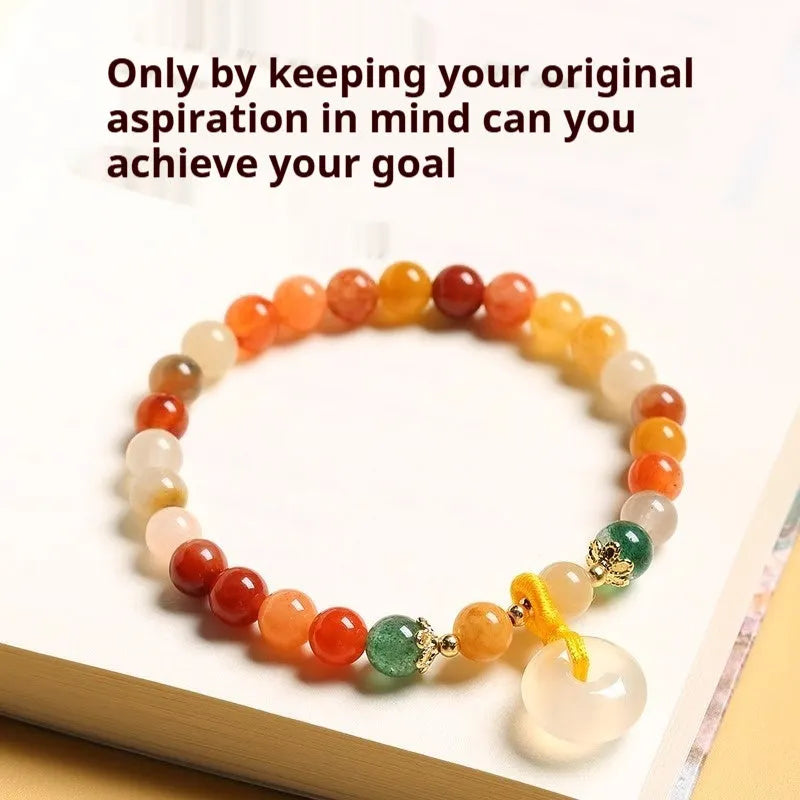 Chinese style handmade natural jinsi jade safety buckle bracelet with red agate and emerald beads