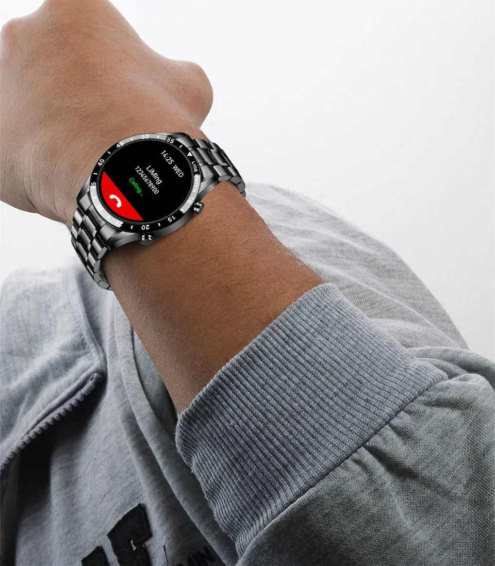 Stainless steel smart watch with black band and 1.3 inch touch screen display showing step count