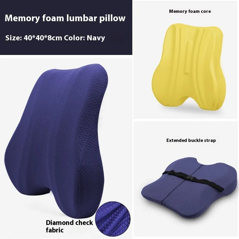 Grey lumbar support pillow for office chair measuring 40cm by 40cm.