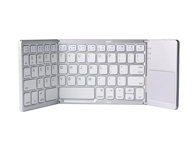 Tri-fold folding Bluetooth keyboard shown in both unfolded typing position and folded portable configuration