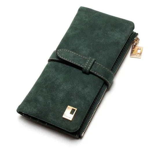Korean retro matte Pu leather women's vertical long wallet with zip closure showing multiple card slots