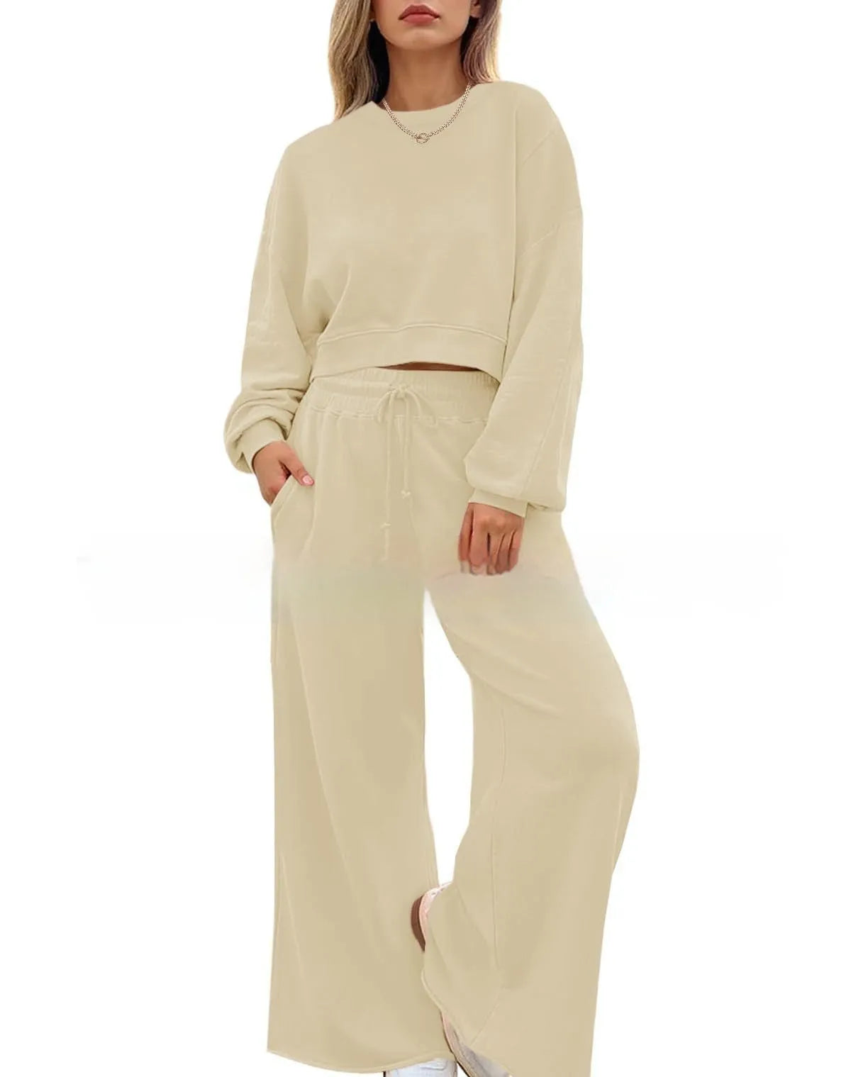 Women's polyester two-piece trousers set in solid colours with long sleeves