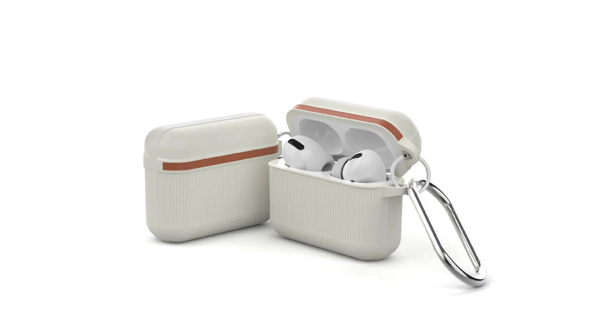 Silicone clamshell case for Apple AirPods with a metal buckle, shown in various colours.