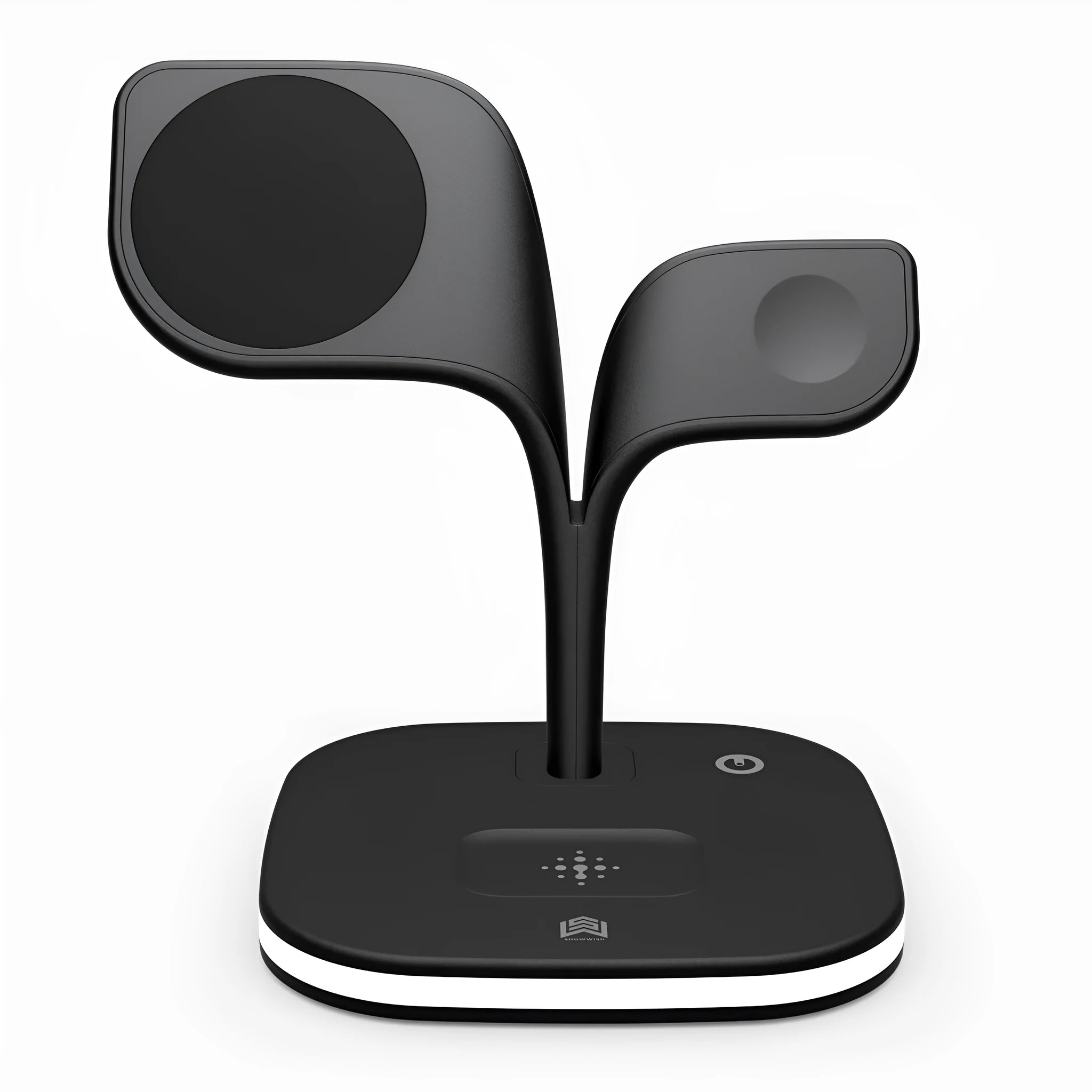 Black 3-in-1 wireless charging stand for phone, watch and headphones on a desk