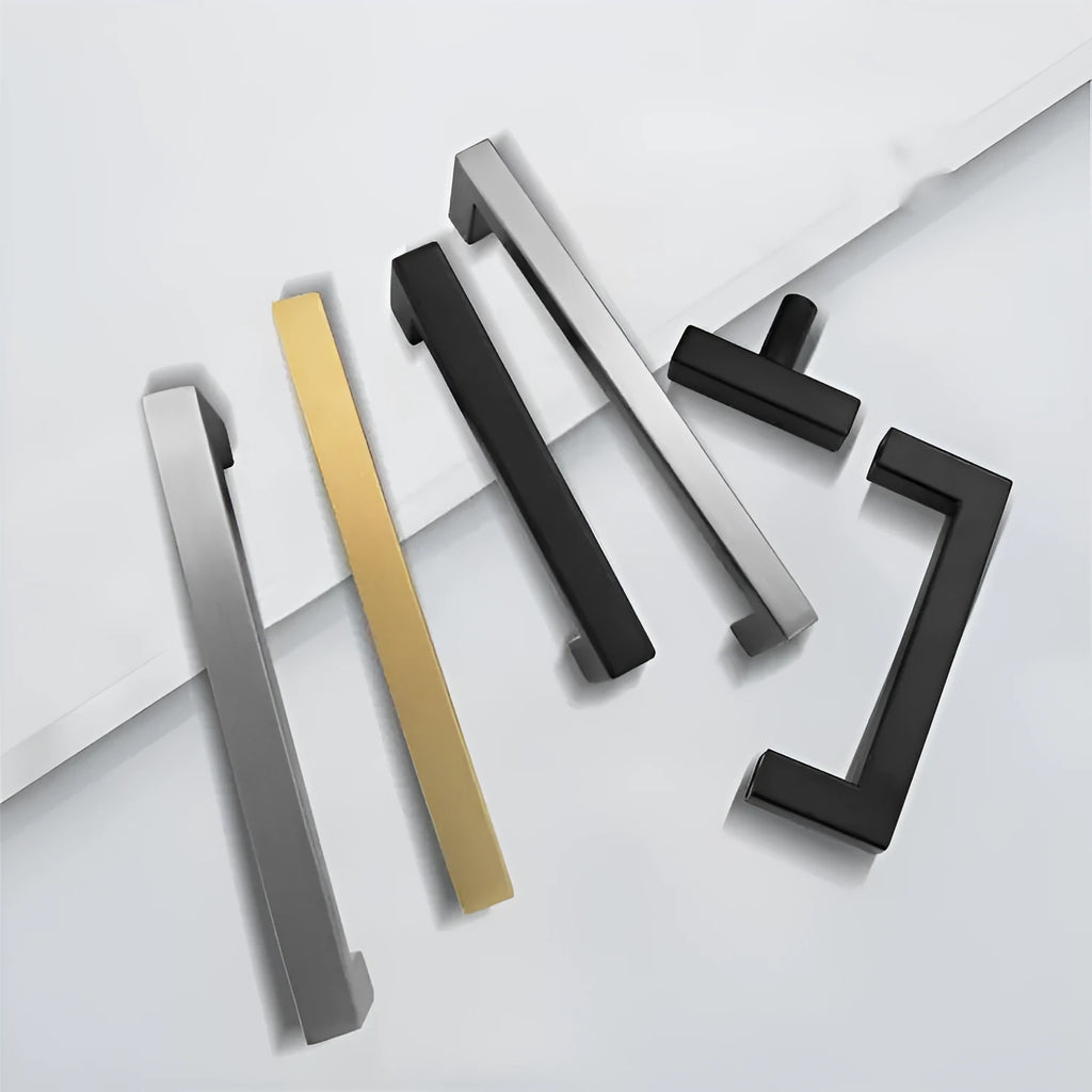 Stainless steel square pipe cabinet door handle in brushed silver, matte black, and brushed gold colours