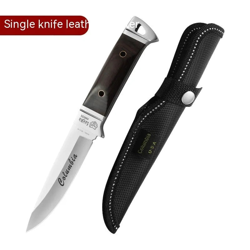 National style stainless steel camping knife with a leather sheath.