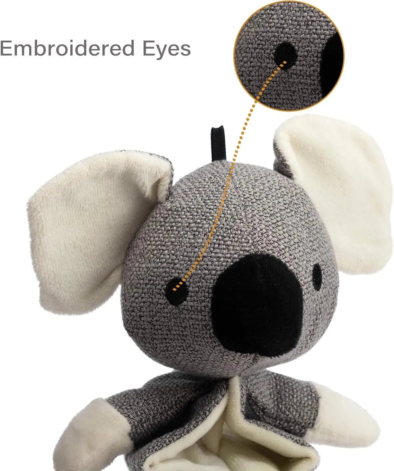 Grey koala plush dog chew toy measuring 30cm tall with internal crinkle paper.