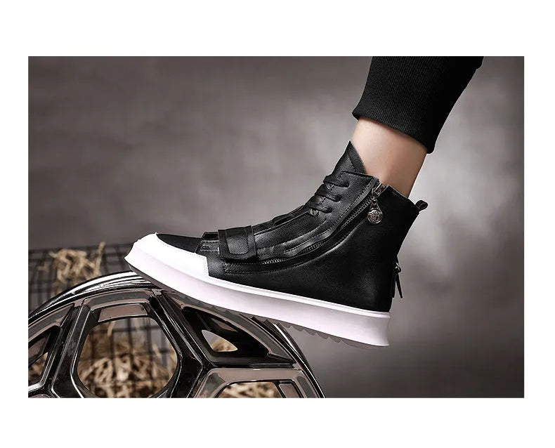 Men's black and white high-top style winter ankle boots made from PU leather and microfiber.