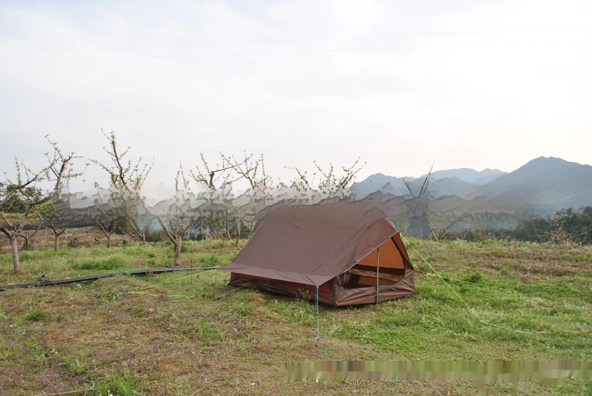 Brown or white A-line cabin tent using hiking canes for support with dimensions 210x150x110cm