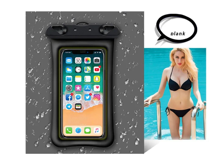 Orange waterproof phone pouch with clear window and black neck rope on a blue background.