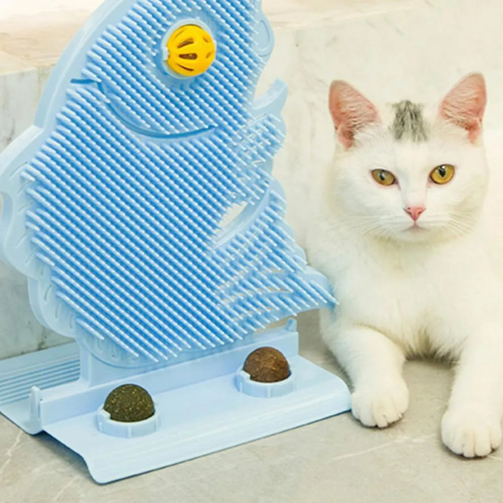 Plastic cat wall scratcher fish shape 31cm with self-grooming brush and catnip balls