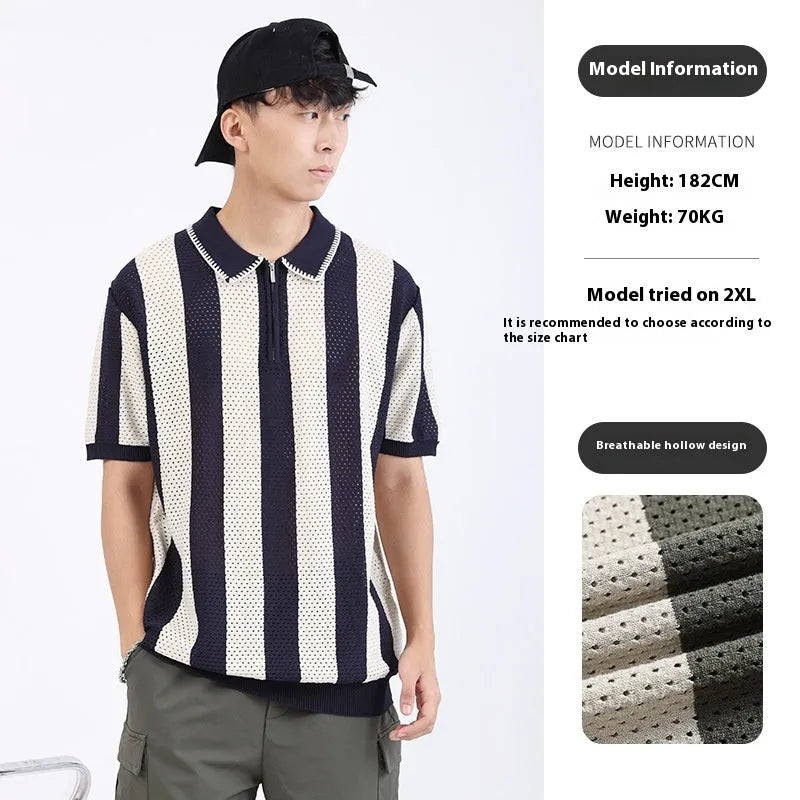 Men's striped short sleeve ice silk viscose sweater with zipper decoration