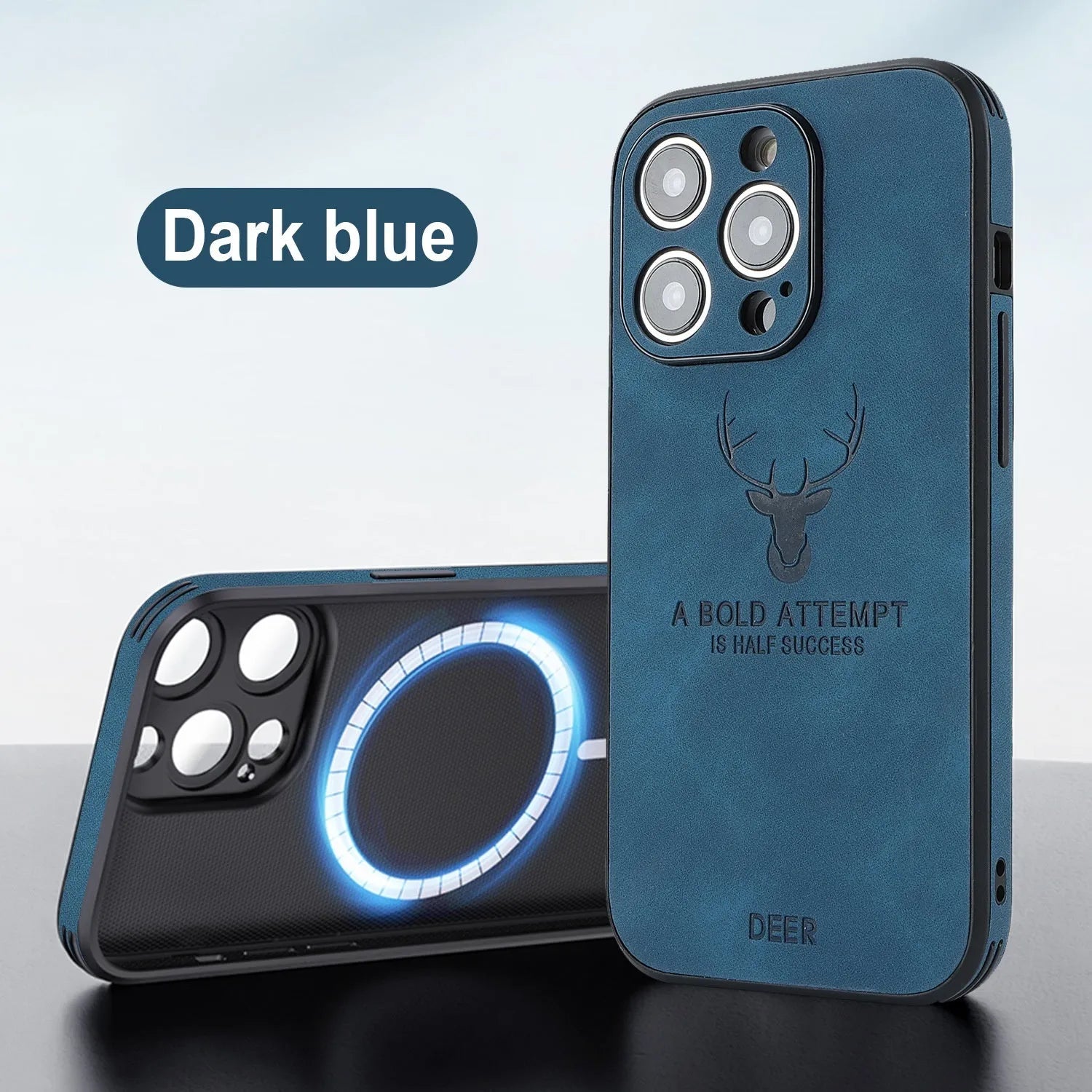 Magnetic charging iPhone 16 case with embossed moose head design in imitation leather material