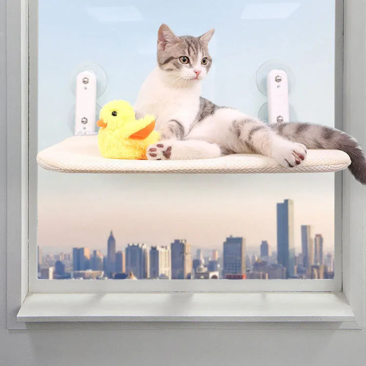Foldable cat hammock with stainless steel suction cups mounted on a window, shown in grey mesh fabric.