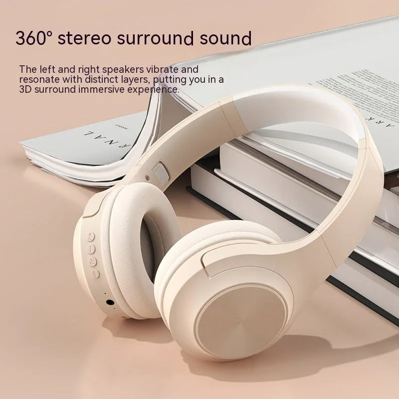 Creative design wireless Bluetooth headset in ivory white, shown in a head-mounted wearing style.