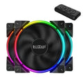 Three black 120mm RGB PC cooling fans with hydraulic bearings showing fan blade details