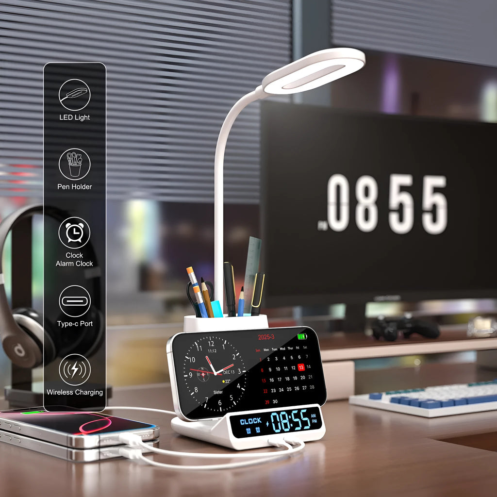 Wireless charging lamp with integrated pen holder and storage box in modern simplicity design
