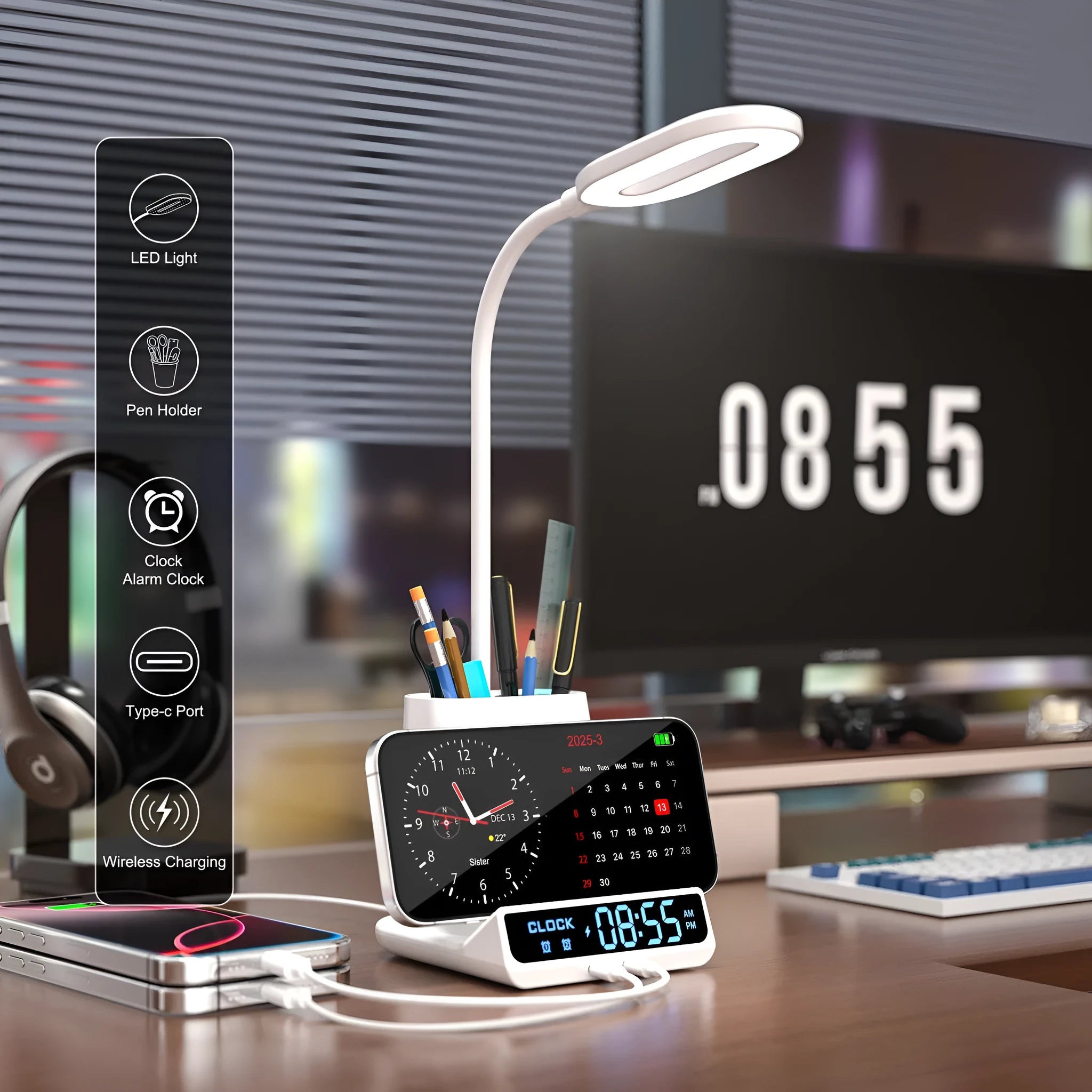 Wireless charging lamp with integrated pen holder and storage box in modern simplicity design