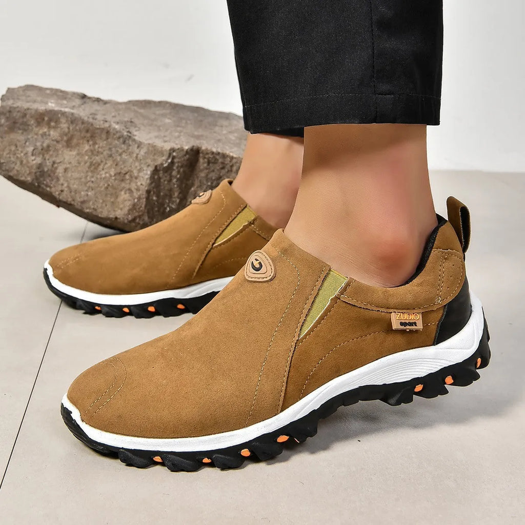 Men's round toe thin slip-on shoes in multiple colours on a white background.