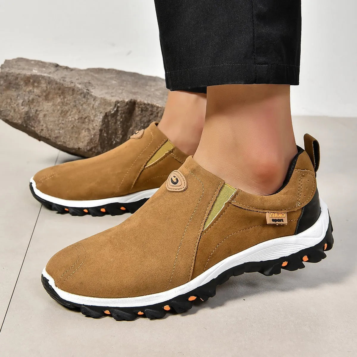 Men's round toe thin slip-on shoes in multiple colours on a white background.