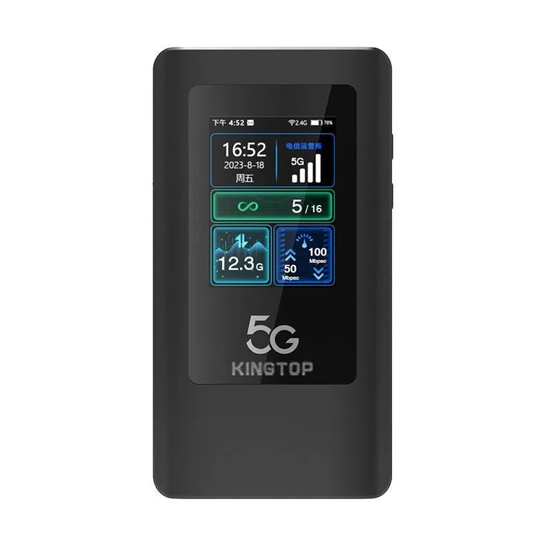 Black portable 5G Wi-Fi router with LCD display, showing dimensions of 125x70x17mm.