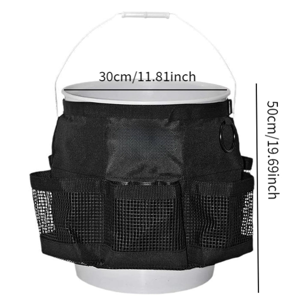 Black cylindrical polyester hanging storage bag on a 5 gallon drum