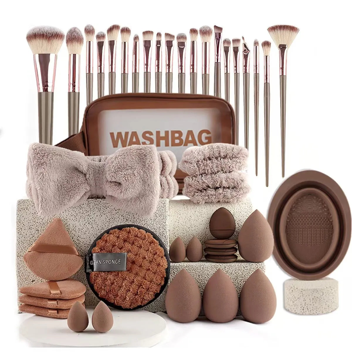 Beauty tools combination set with hydrophilic non-latex face wash and makeup tools in brown, pink, and purple colours