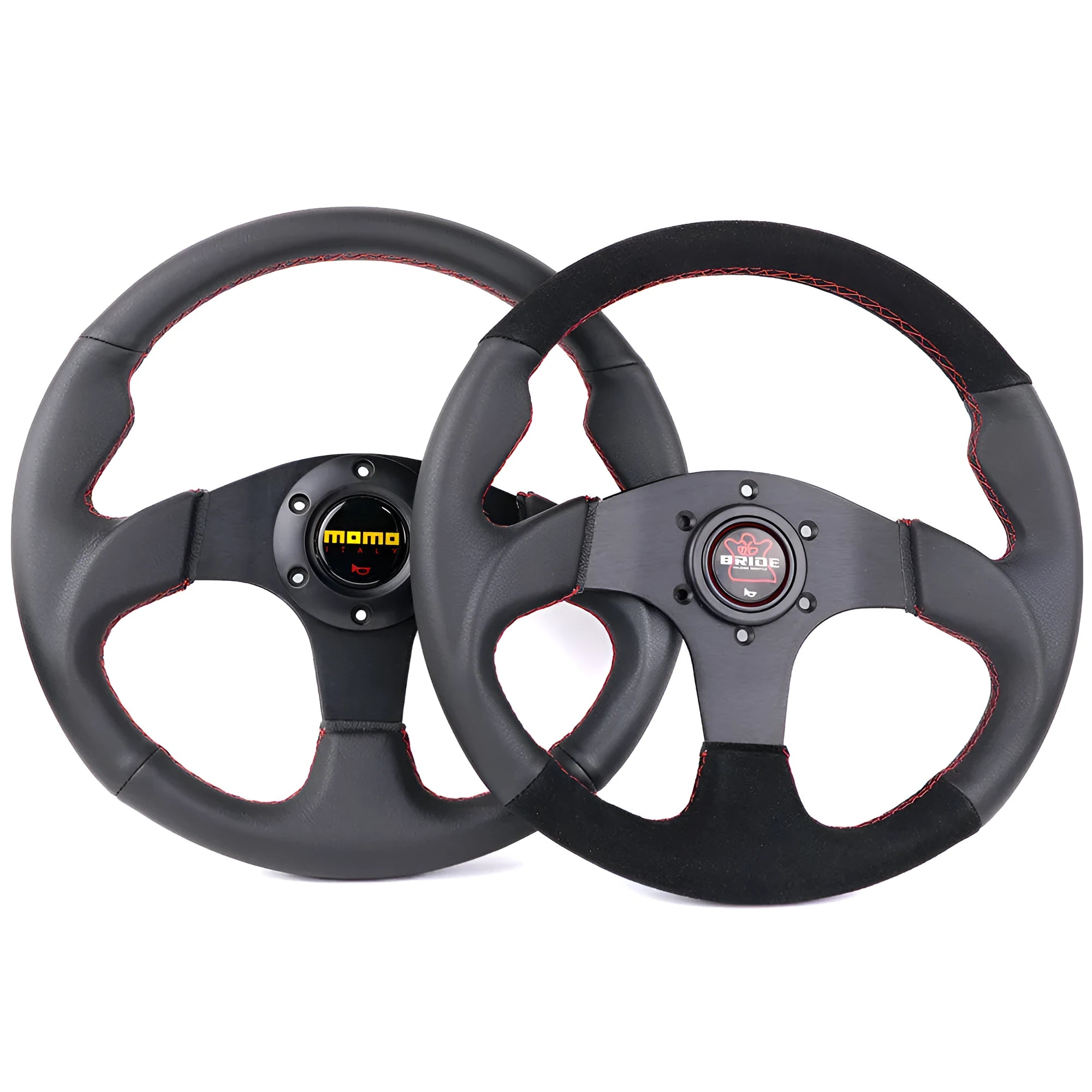 13 inch BRIDE microfiber leather flat steering wheel on black bracket with screw holes visible