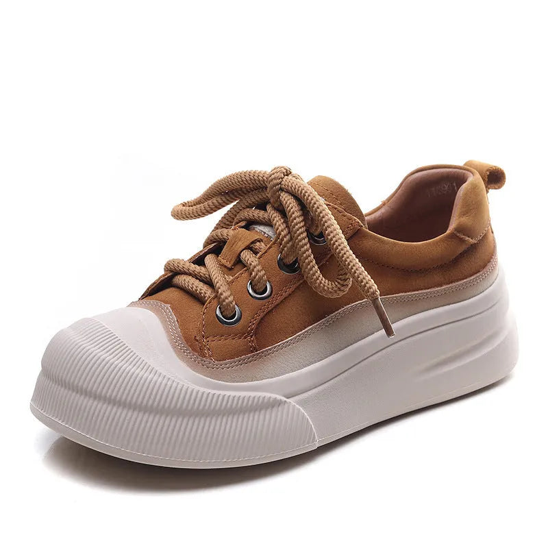 Women's yellow and brown full grain cowhide leather lace-up casual shoes with round toe.